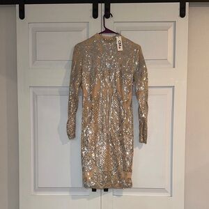 Cream Silver Sequin Long Sleeve Dress